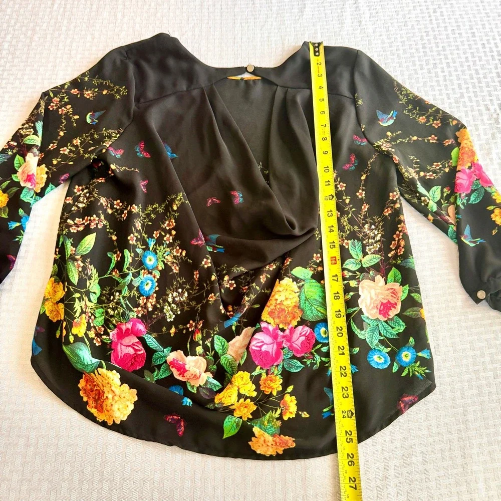 Meraki Floral Butterfly Birds Draped Open Back Blouse Black Large Cottage Whimsy